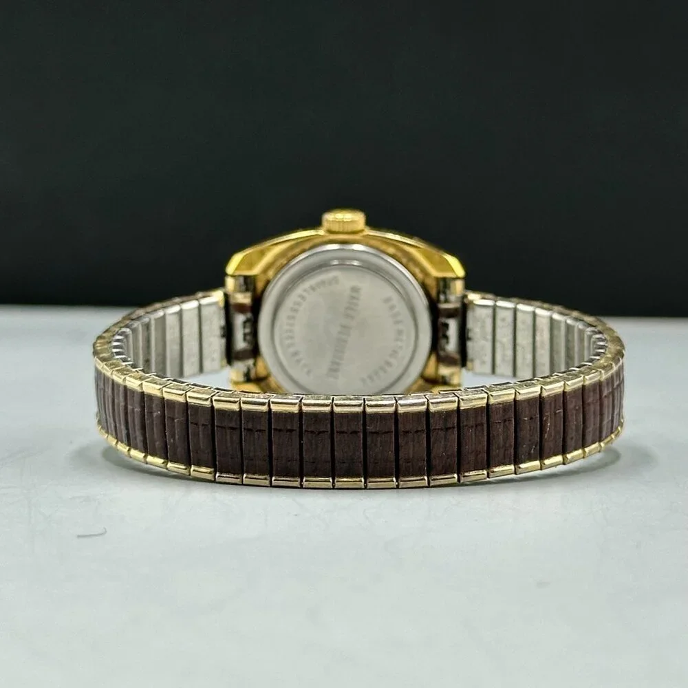 Vintage Timex Watch Women Gold Tone Manual Wind Brown Stretch Band 6.25 Inch